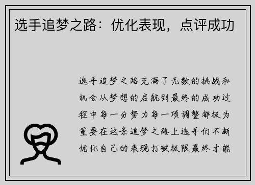 选手追梦之路：优化表现，点评成功