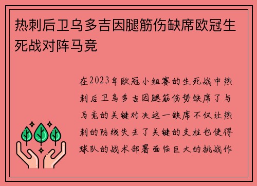 热刺后卫乌多吉因腿筋伤缺席欧冠生死战对阵马竞
